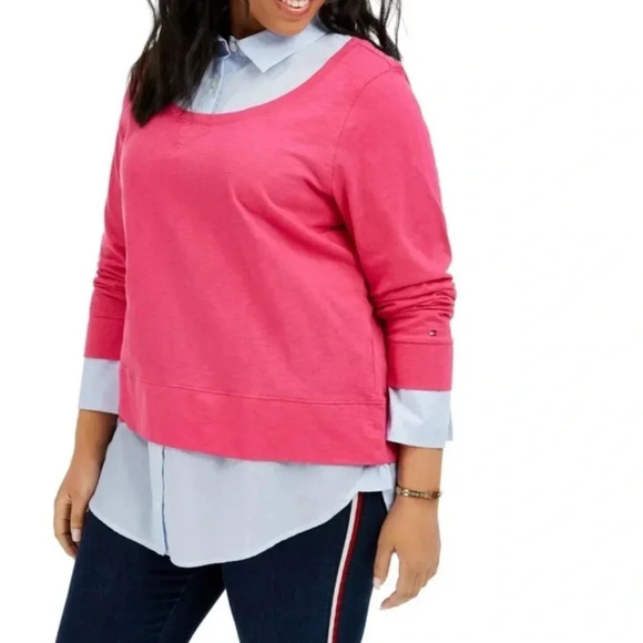 Tommy Hilfiger Women’s 1X Layered Collared Top Pink Blue Striped Preppy Casual - Picture 2 of 16